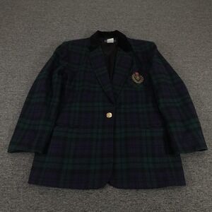 Vintage Herman Geist Blazer Womens 14 Green Plaid Wool Blend Crest Velvet Collar